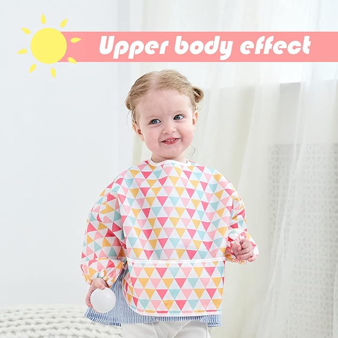 Little Dimsum Full Sleeved Feeding Bib 2 Pack,Baby & Toddler Waterproof Bib Apron,Food Protection Large Pocket Eating Smock 6-36 Months(Pink/Red)