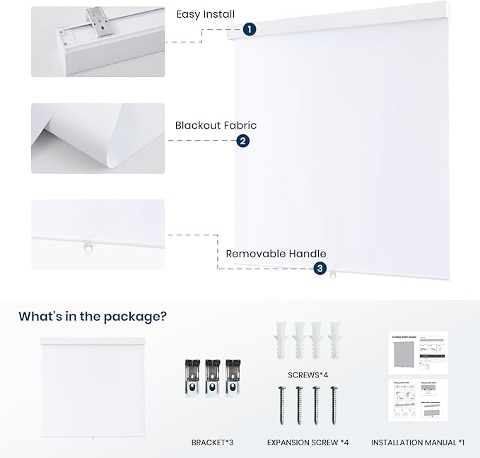 100% Blackout Roller Shades Cordless Blinds for Indoor Windows,Free-Stop Window Shades Pull Down,Thermal Insulated Fabric UV Protection,Blackout Window Guard Blinds for Home,Office,White,47" W x 72" H