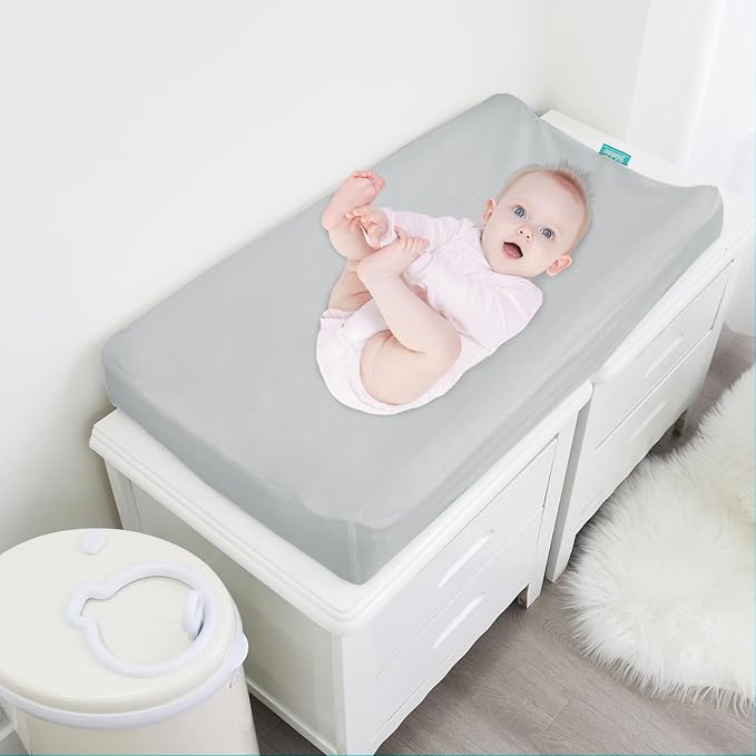 Changing Pad Cover Waterproof, 2 Pack Diaper Change Table Sheets for Baby Boys Girls, Fitted Cradle Sheets for 32"x16" Contoured Pad, Breathable & Ultra Soft, Grey
