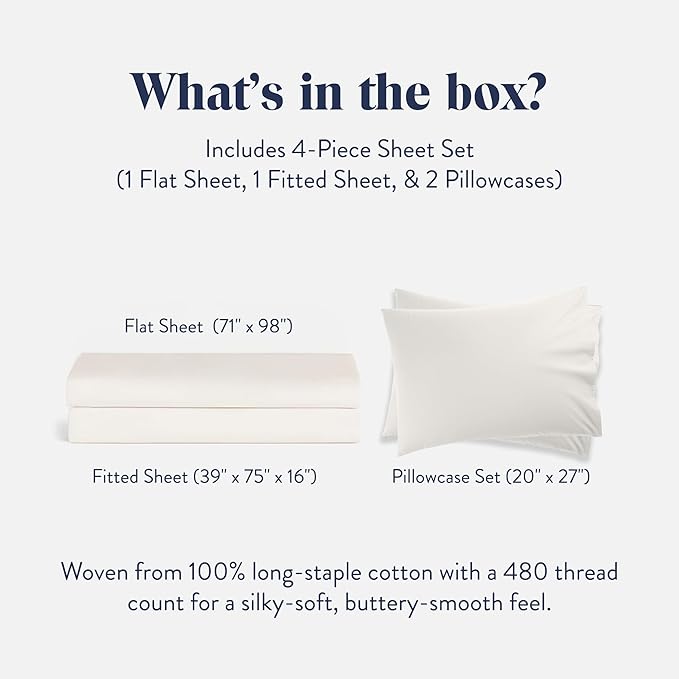 Brooklinen Luxury Sateen 4 Piece Sheet Set - 100% Cotton Bed Sheets, Soft & Durable Twin Sheets Set in Cream, Oeko-TEX Certified Bedding Set, 1 Fitted Sheet, 1 Flat Sheet, 2 Pillowcases