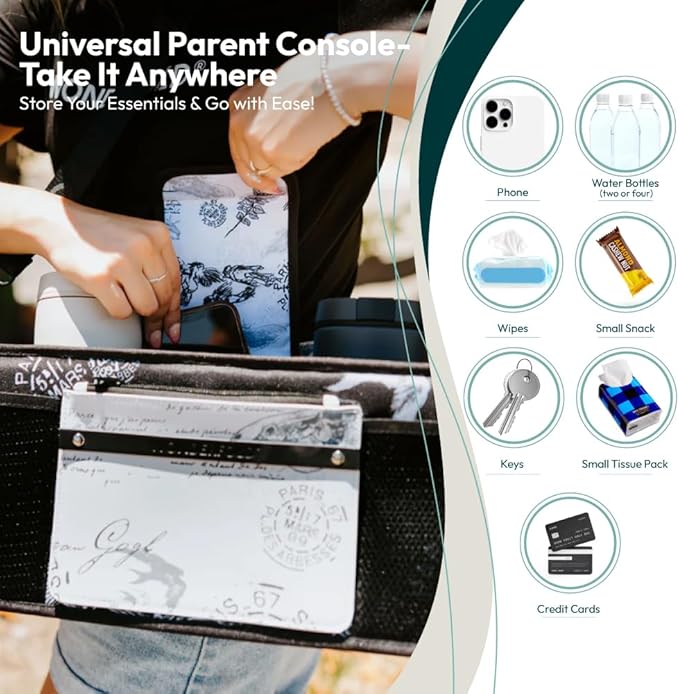 WONDERFOLD Universal Parent Console Stroller Organizer with Insulated Cup Holders, Hook & Loop Closure Handle Attachment, 2 Storage Pockets, Removable Shoulder Strap for Easy Transport