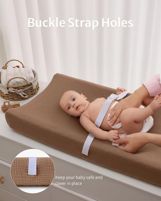Blissful Diary Muslin Changing Pad Cover for Girls Boys, Ultra Soft Breathable Cotton, Baby Diaper Change Table Pad Covers, 2Pack (Checkered Brown & Brown)