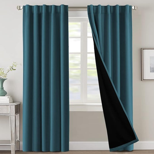 H.VERSAILTEX 100% Blackout Curtains for Bedroom with Black Liner Full Room Darkening Curtains Thermal Insulated Back Tab/Rod Pocket Window Drapes for Living Room, 2 Panels, 42 x 84 Inch, Dark Teal