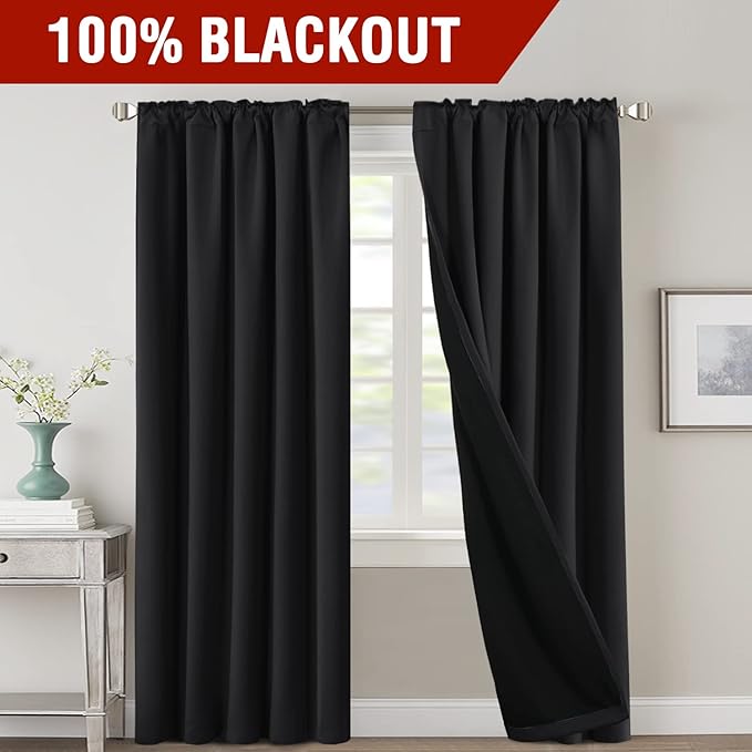 H.VERSAILTEX 100% Blackout Curtains for Bedroom with Black Liner Full Room Darkening Curtains 84 Inches Long Thermal Insulated Back Tab/Rod Pocket Window Drapes for Living Room, 2 Panels, Jet Black