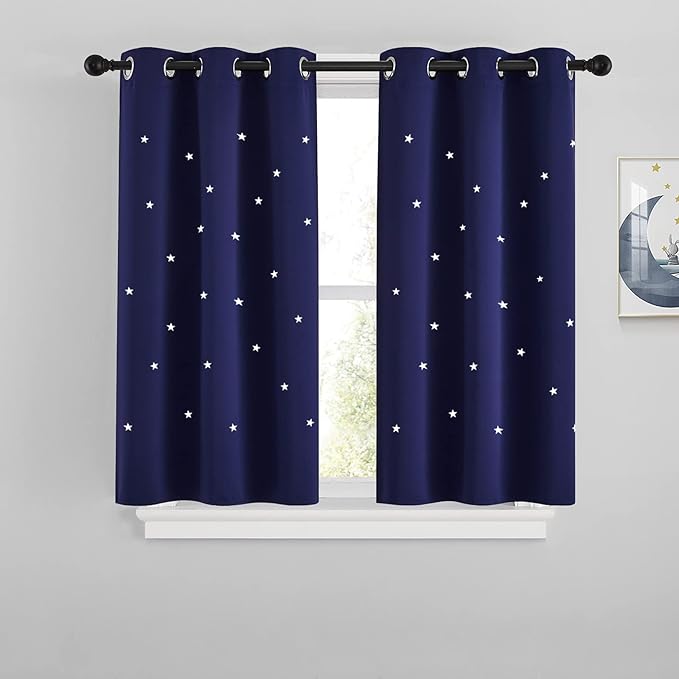 NICETOWN Star Cut Out Blackout Bedroom Curtain for Kids Nursery, Thermal Insulated Window Treatment Drapes with Grommet Top for Thanksgiving, Set of 2, Navy Blue, W34 x L45 Inches