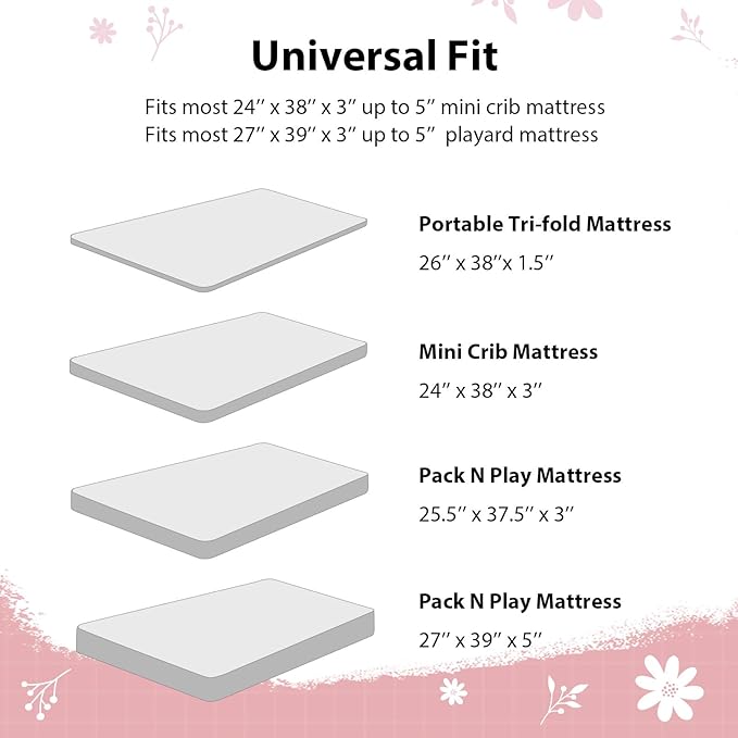 Baby Mini Crib Sheets Girl, Portable 38”x26” Pack and Play Sheets Fitted for Playard and Pack N Play Mattress, 3-Pack Soft Microfiber Pink Butterfly Flower