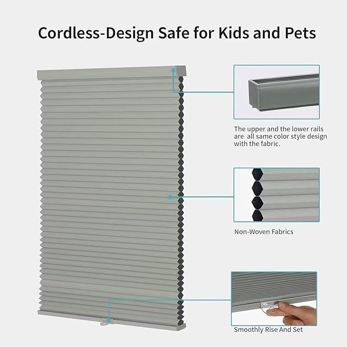 MYshade Cordless Blackout Window Blinds & Shades Pull Down Room Darkening Window Shades Light Blocking Honeycomb Cellular Shade for Indoor Windows Easy to Install 52 inch Wide, H72 Grey Blinds