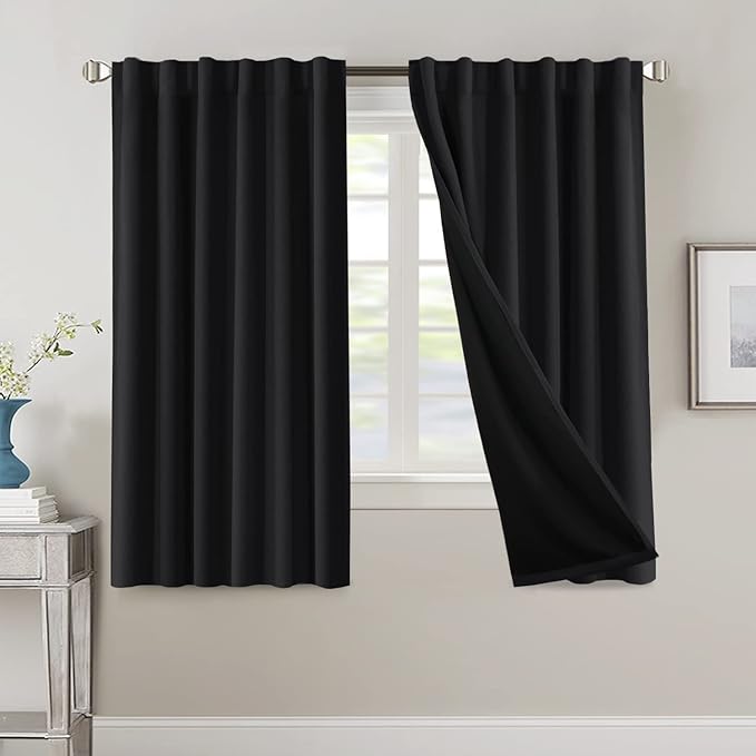 H.VERSAILTEX 100% Blackout Curtains for Bedroom with Black Liner Full Room Darkening Curtains 63 Inches Long Thermal Insulated Back Tab/Rod Pocket Window Drapes for Living Room, 2 Panels, Jet Black