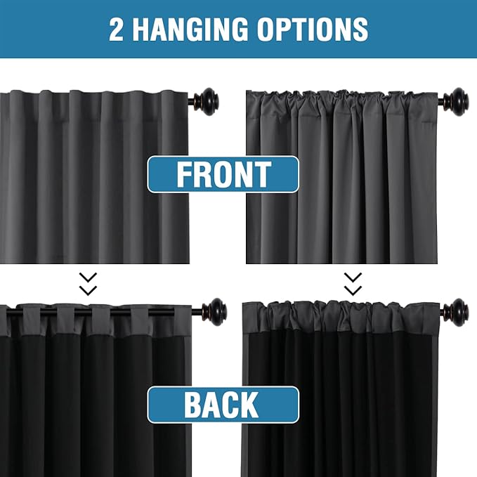 H.VERSAILTEX 100% Blackout Curtains for Bedroom with Black Liner Full Room Darkening Curtains 63 Inch Long Thermal Insulated Back Tab/Rod Pocket Window Drapes for Living Room, 2 Panels, Charcoal Grey