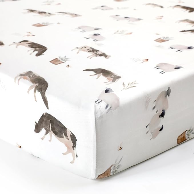 Stretch Ultra Soft Jersey Knit Fitted Crib Sheets Set 2 Pack，Fit All Standard Crib Mattress Pads Safe and Snug, Crib Fitted Sheet for Baby, Cute Watercolor Cows and Birds Print