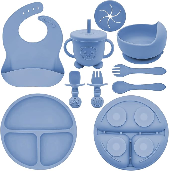 Munlinder Silicone Baby Feeding Set | Baby Led Weaning Supplies Includes Suction Bowls and Divided Plates, Adjustable Bib, Baby Utensils Spoons and Forks,Cup | Baby Feeding Essentials (Deep Blue)