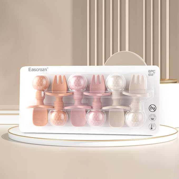 Eascrozn 6 Pack Baby Spoons and Forks Set, Silicone Baby Spoons Self Feeding 6 Months for Toddler Utensils,BPA Free, Baby Led Weaning Supplies Feeding Essentials,Dishwasher and Boil Safe