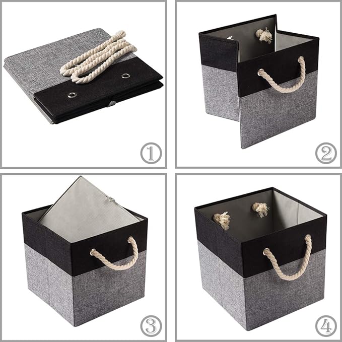 PRANDOM Large Foldable Cube Storage Bins 13x13 inch [2-Pack] Fabric Linen Storage Baskets Cubes Drawer with Cotton Handles Organizer for Shelves Nursery Closet Bedroom Black