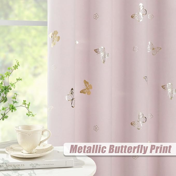 Jubilantex Pink and Gold Butterfly Blackout Curtains 95" Length for Baby Girls Nursery Bedroom 80% Blackout Grommet Window Treatment,1 Pair Lavender Pink/Baby Pink