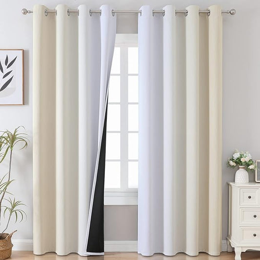 Estelar Textiler Beige and Greyish White Blackout Curtains for Living Room, Full Room Darkening Gradient Drapes for Bedroom, Thermal Insulated Ombre Grommet Curtains for Dining Room,52Wx84L,2 Panels