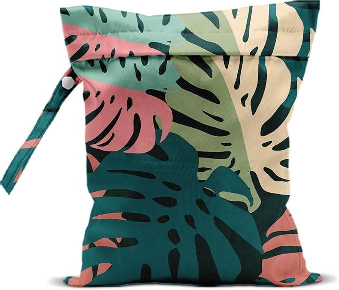 Palm Leaves Wet Bag 12x10 Inch, Green Summer Waterproof Travel Laundry Bags, Washable Reusable Wet Dry Bag for Swimsuit Beach Diapers Dirty Yoga Gym Clothes, Plant Gifts for Women Friend