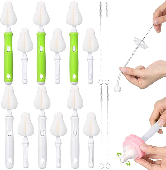 Willinglong 22 Pcs Sponge Bottle Nipple Brushes Set Including 12 Pcs Bottle Sponge Brush Heads 6 Interchangeable Nipple Brush Handles and 4 Long Straw Brushes for Baby Bottles (White and Green Handle)