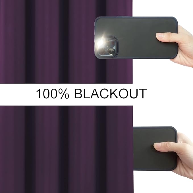 LEMOMO 100% Blackout Curtains 52 x 63 Inch Purple Curtains 2 Panels Darkening Thermal Insulated Bedroom Curtains