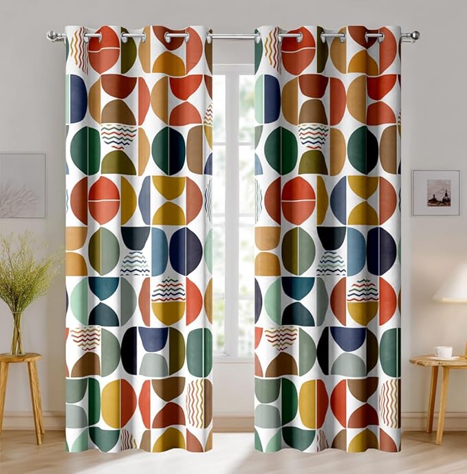 Mid Century Modern Abstract Blackout Curtains, Boho Colorful Geometric Circle Pattern Window Drapes，Living Room Bedroom Decor 2 Panels 52x84 Inch