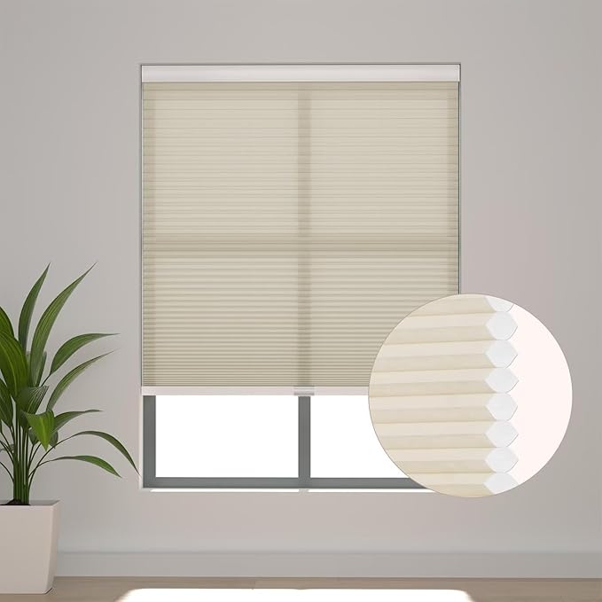 Changshade Cellular Shades Cordless Blinds for Indoor Windows, Honeycomb Blinds Pleated Window Shades Light Filtering for Bedroom, Bathroom, Shade Size 72 inch High 46 inch Wide, Beige