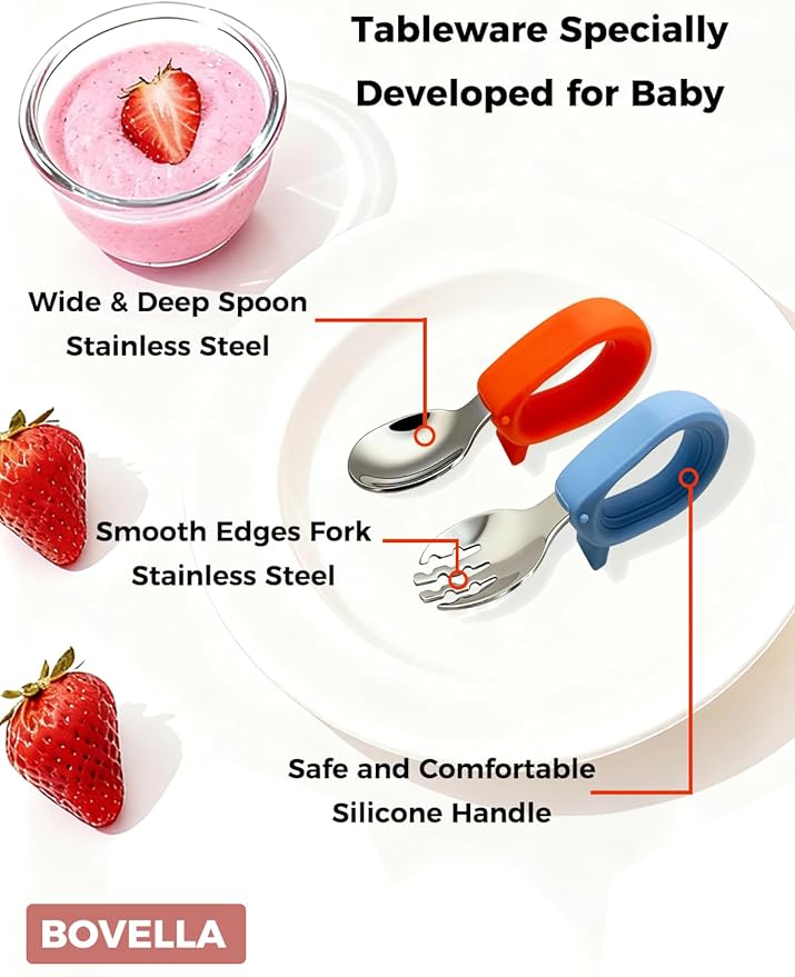 Toddler Utensils, Stainless Steel Baby Forks and Spoons Set with Silicone Handle, Kids Silverware with Portable Storage Case, Baby Feeding Essentials, Dishwasher Safe (Blue+Red)
