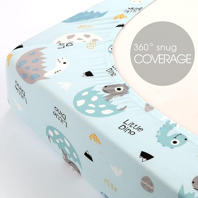 GRSSDER Stretchy Ultra Soft Jersey Knit Fitted Crib Sheets Set 2 Pack, Deep Pocket and Cozy Fits All Standard Crib Mattress Pads Safe and Snug, Happy Dinosaurs Print for Boys and Girls