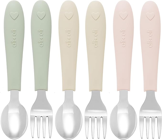 Ali+Oli Toddler Utensils Set (6 Pack) – Stainless Steel Kids Silverware with Soft Silicone Handles, BPA Free Baby Forks and Spoons, Durable Children Flatware Dishwasher Safe for Self Feeding (Hearts)