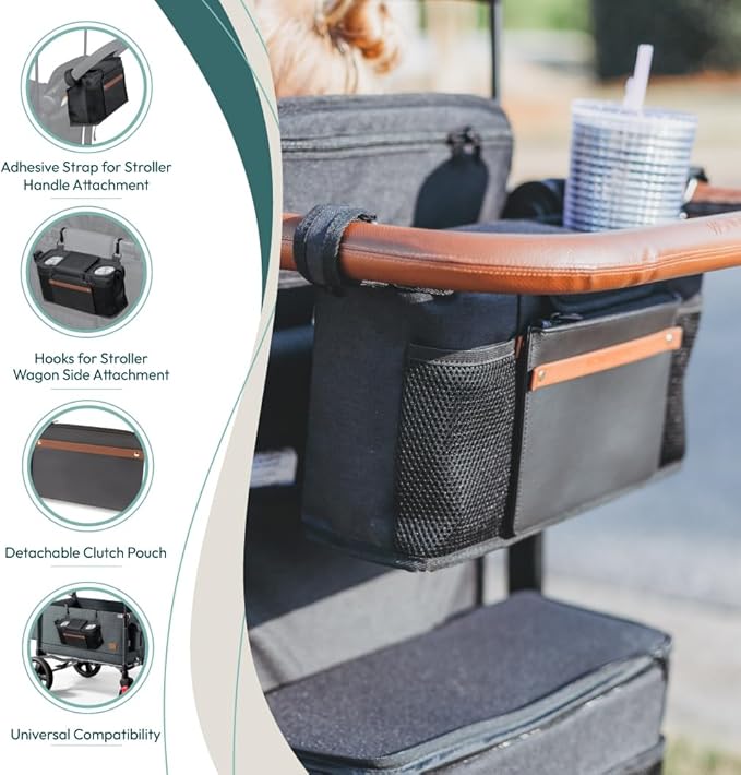 WONDERFOLD Universal Parent Console Stroller Organizer with Insulated Cup Holders, Hook & Loop Closure Handle Attachment, 2 Storage Pockets, Removable Shoulder Strap for Easy Transport