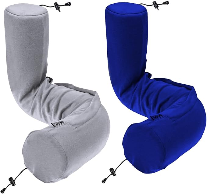 Dot&Dot Twist Memory Foam Travel Pillow for Airplanes - Travel Neck Pillow for Sleeping - Airplane Pillow for Neck Support, Lumbar and Leg - Adjustable, Bendable Neck Roll Pillow (Gray DarkBlue AC)