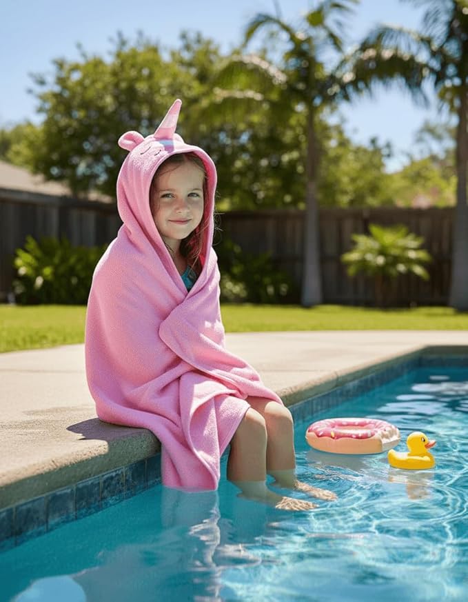 BAGNO MILANO Kids Organic Turkish Cotton Hooded Beach Cover-Up Towel, GOTS Certified, for Boys and Girls (Unicorn Pink, 24"x48"+8"/Hooded Towel)