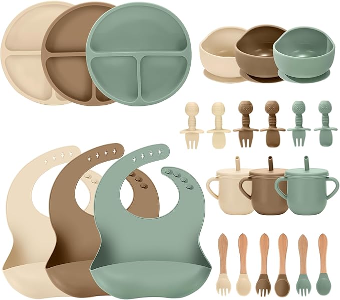 JELLDJK 24 PCS Silicone Baby Feeding Set, Baby Led Weaning Supplies Includes Suction Bowls and Divided Plates, Adjustable Silicone Bib, Spoons&forks, Training cup with straw (Green+Brown+Beige)