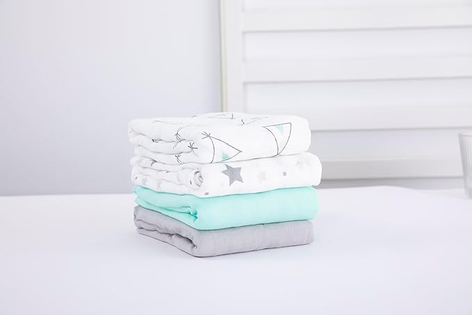 Muslin Swaddle Blankets for Baby Boys and Girls, 4-Pack Breathable and Skin-Friendly Receiving Blanket Wrap, Baby Essentials, Registry & Gift, 47 x 47 inches (Blue Contrast)