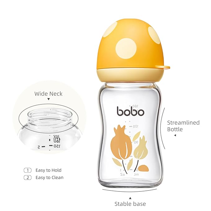 YOHKOH Natural Glass Baby Bottle with Level 1 Slow Flow Nipple, Newborn Anti-Colic Baby Bottles, Wide Neck Mushroom Baby Glass Bottle (Multicolour1, (5.4oz (Pack of 2))