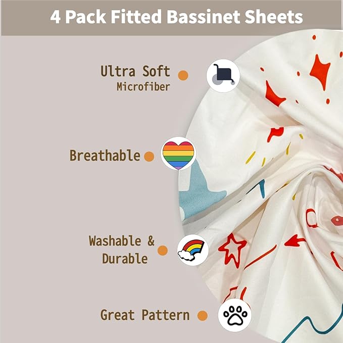 4 Pack Bassinet Sheets 20" x 35" Compatible with Newton, Jimglo 3 in 1, HARPPA and Larex 3 in 1 Baby Bassinet, Soft and Skin-Friendly, Blue and Color Rainbow