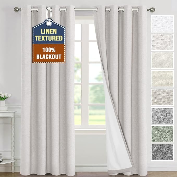 H.VERSAILTEX 100% Blackout Curtains Luxurious Linen Texture Thermal Blackout Curtains with Grommets, Energy Efficient Black Out Curtains for Bedroom Windows 84, 2 Panel Sets, Heather Cloud(Not Solid)