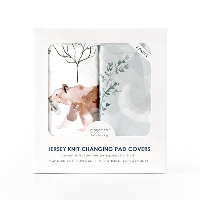 GRSSDER Stretch Ultra Soft Jersey Knit Changing Pad Cover Set 2 Pack, Change Table Pad Covers Fit 32"/34" x 16" Pads Safe and Snug, Pretty Pattern for Boys and Girls, Bear and Wolf Print