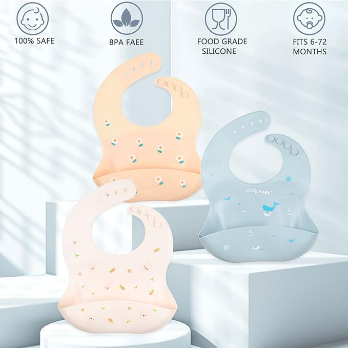YINGJEE Baby Silicone Feeding Bibs, 3pcs Adjustable Waterproof Bibs for Feeding