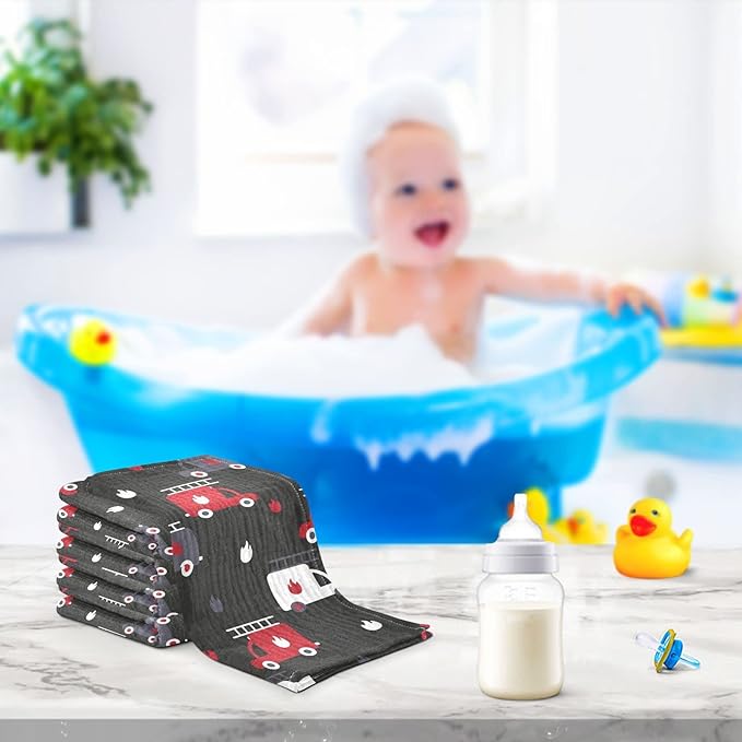 vvfelixl Firefighters Fire Trucks Baby Burp Cloths, Baby Muslin Washcloths for Boys Girls, Cotton Baby Face Towel for Newborn Infants Soft and Absorbent 11.8 X 11.8 in, 5 Pack Black