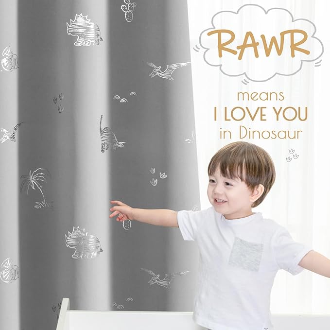 Vangao Grey Kids Curtains 84 Inches Length for Bedroom Blackout Dinosaur Curtains for Boys Kids Nursery Girls Room Silver Dino Foil Printed Thermal Insulated Drapes Grommet Top 2 Panels