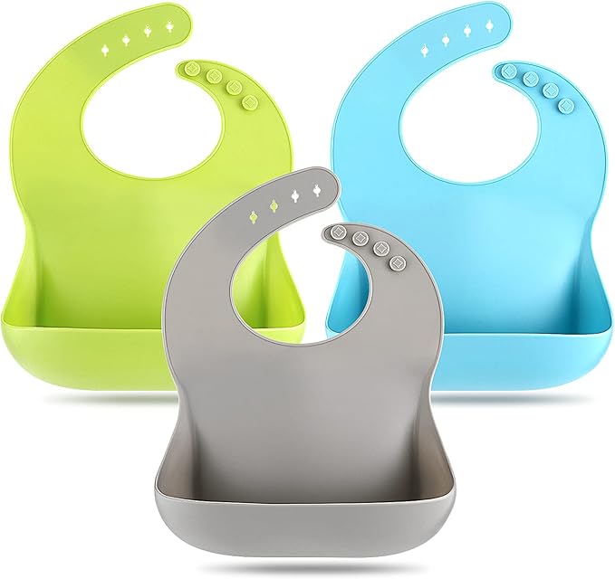 Eascrozn Silicone Bibs for Babies Toddler Set of 3, BPA Free, Soft Adjustable Waterproof Bibs for Feeding Essentials