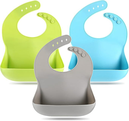 Eascrozn Silicone Bibs for Babies Toddler Set of 3, BPA Free, Soft Adjustable Waterproof Bibs for Feeding Essentials