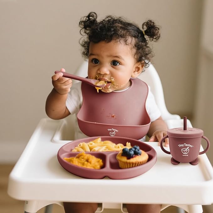 Tiny Tastes 10-Piece Silicone Baby Feeding Set – BPA-Free, Spill-Proof Suction Plate, Bowl, Bib, Snack Cup & Utensils | Dishwasher Safe, Baby Gift Ready (Dark Pink)