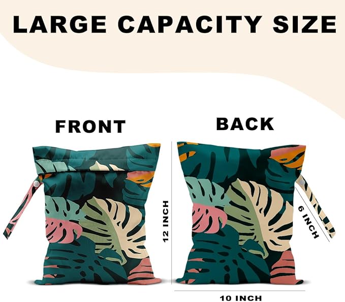 2Pcs Abstract Palm Leaves Wet Bag 12x10 Inch, Summer Greenery Waterproof Travel Laundry Bags, Washable Reusable Wet Dry Bag for Swimsuit Beach Diapers Dirty Yoga Gym Clothes, Plant Gifts for Women