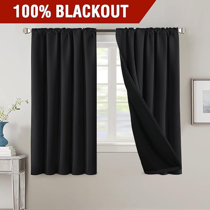 H.VERSAILTEX 100% Blackout Curtains for Bedroom with Black Liner Full Room Darkening Curtains 63 Inches Long Thermal Insulated Back Tab/Rod Pocket Window Drapes for Living Room, 2 Panels, Jet Black