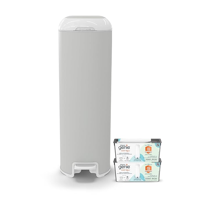 Diaper Genie Platinum Pail (Stone Grey) + Easy Roll Refill (30 Bags) Bundle