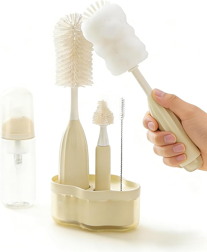 WHNL All-in-One Press-to-Foam Silicone Baby Bottle Cleaning Kit with Bottle Brush, Nipple/Straw Brushes, Tabletop Dring Rack, BPA Free for Baby Bottles, Breast Pumps,Small Appliances,Travel-Friendly