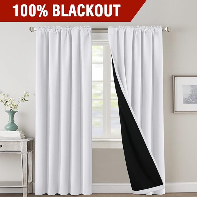 H.VERSAILTEX 100% Blackout Curtains for Bedroom with Black Liner Full Room Darkening Curtains 96 Inches Long Thermal Insulated Back Tab/Rod Pocket Window Drapes for Living Room, 2 Panels, Pure White