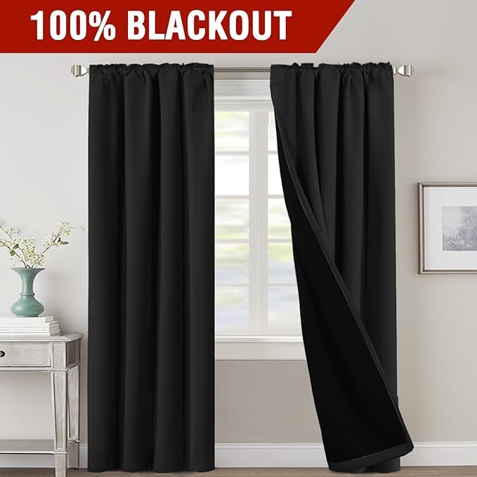 H.VERSAILTEX 100% Blackout Curtains for Bedroom with Black Liner Full Room Darkening Curtains Thermal Insulated Back Tab/Rod Pocket Window Drapes for Living Room, 2 Panels, 42 x 84 Inch, Jet Black