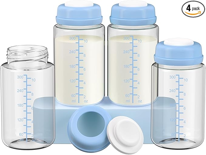 IVARONAL 4 Pack 10oz Wide-mouth Breastmilk Storage Bottle for Momcozy 22oz Portable Breast Milk Cooler, Pumping Storage Containers Compatible with Spectra S1/S2/9 Plus/SG/Motif Luna (4PC/Blue Lids)