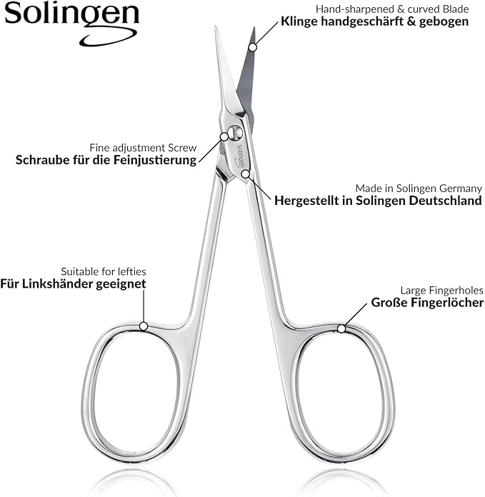 Solingen Cuticle Scissors made in Germany - with Curved Blade - Pedicure Beauty Grooming Kit for Nail, Eyebrow, Eyelash - Brown Tower Point
